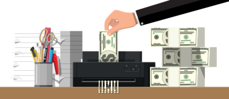 Hand putting dollar banknote in shredder machine png