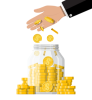 Glass money jar full of gold coins and hand. png