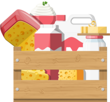 Milk products set in wooden box png