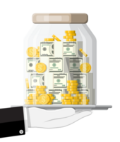 Glass money jar full of gold coins and banknotes. png