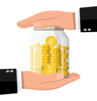 Glass money jar full of gold coins and hands png