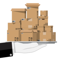Pile cardboard boxes in tray in hand png