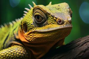 ai generado árbol vivienda reptil cerca arriba en rama en contra maravilloso natural antecedentes foto