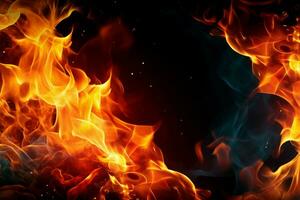 AI generated Fiery essence Intense fire flames closeup on black isolated background photo