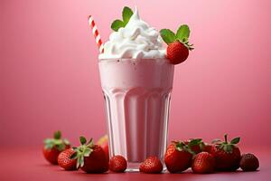 AI generated Refreshing delight Cold pink milkshake with sweet strawberry, yogurt, and cream photo