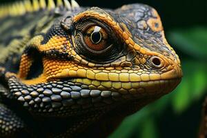 ai generado reptil cerca arriba en un árbol rama en contra un maravilloso antecedentes foto