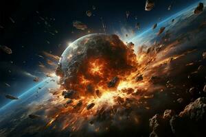 AI generated Astronomical chaos Meteor impact, asteroid apocalypse, and space explosion illustration photo