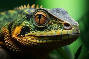 ai generado reptil cerca arriba en un árbol rama en contra un maravilloso antecedentes foto