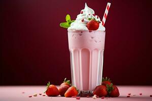 AI generated Summery indulgence Pink fresh milkshake with strawberry, yogurt, and cream photo