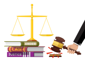 Judge wooden gavel with law book and golden scales. png