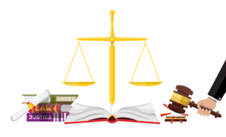 Judge wooden gavel with law book and golden scales. png