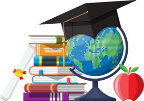 Graduation cap on stuck of books, globe and apple. png