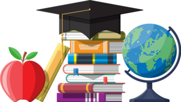 Graduation cap on stuck of books, globe and apple. png