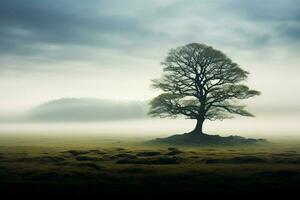 ai generado solitario árbol emerge desde neblina, un majestuoso figura en abierto campo foto