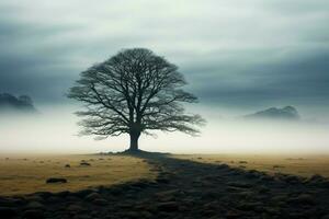 ai generado solitario árbol emerge desde neblina, un majestuoso figura en abierto campo foto