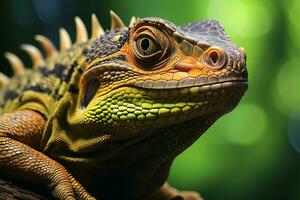 ai generado reptil cerca arriba en un árbol rama en contra un maravilloso antecedentes foto