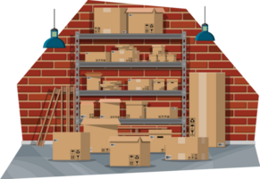 Pile cardboard boxes on warhouse shelves png