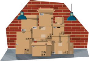 Pile cardboard boxes on warhouse shelves png