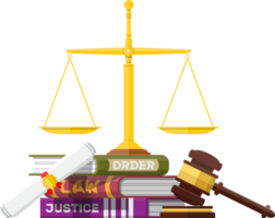 Judge wooden gavel with law book and golden scales. png