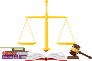 Judge wooden gavel with law book and golden scales. png