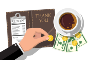 Folder with cash coins, cashier check. Coffee cup png