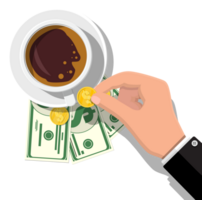 Folder with cash coins, cashier check. Coffee cup png