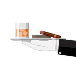 Glass of whiskey with cigar and ashtray in hand. png