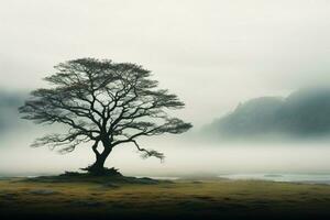 AI generated Majestic isolation a solitary tree emerges from the mist alone photo