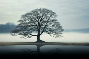 AI generated Ethereal beauty solitary tree rises from the mist in solitude photo