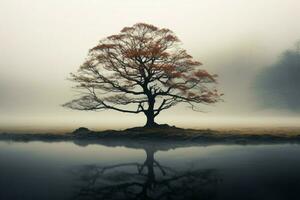 AI generated Ethereal beauty solitary tree rises from the mist in solitude photo