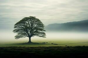 ai generado solitario árbol emerge graciosamente desde el niebla en un abierto campo foto