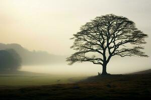 AI generated Majestic isolation a solitary tree emerges from the mist alone photo
