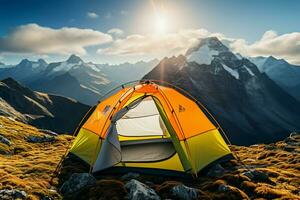 AI generated Alpine isolation a tent alone on the mountains lofty summit photo