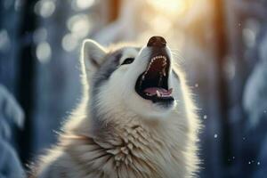 AI generated Snowy ecstasy husky stands with mouth open, reveling in winter photo