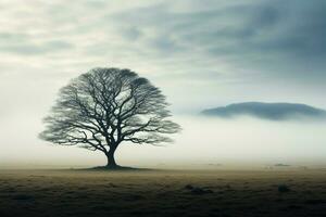 ai generado solitario árbol emerge graciosamente desde el niebla en un abierto campo foto