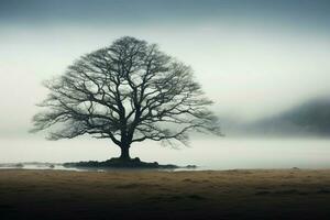 AI generated Majestic isolation a solitary tree emerges from the mist alone photo
