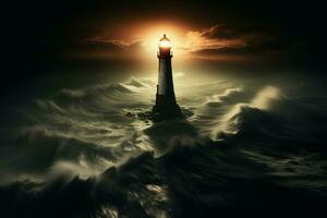 AI generated Tall and proud, the lighthouse looms over a mysterious foggy seascape photo