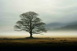 AI generated Misty ambiance a solitary tree stands tall in the open photo