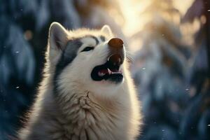 AI generated Winter bliss husky stands in snow, mouth open, relishing scenery photo