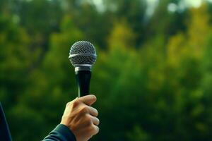 AI generated Environmental voice Hand holds microphone against green forest backdrop photo