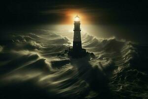 ai generado alto y orgulloso, el faro telares terminado un misterioso brumoso marina foto