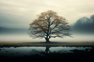 AI generated Ethereal beauty solitary tree rises from the mist in solitude photo