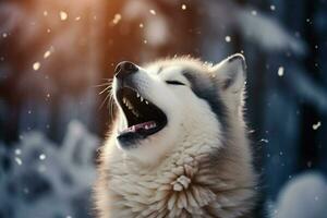 AI generated Joyful husky in snow, mouth agape, savoring the winter wonderland photo