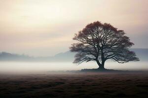 ai generado etéreo belleza solitario árbol sube desde el niebla en soledad foto