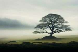 AI generated Majestic isolation a solitary tree emerges from the mist alone photo