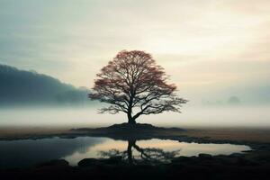 AI generated Ethereal beauty solitary tree rises from the mist in solitude photo