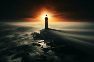 AI generated Foggy mystery surrounds a tall, proud lighthouse in the seascape photo