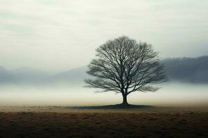 AI generated Misty ambiance a solitary tree stands tall in the open photo