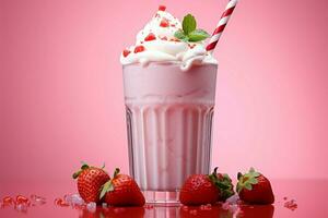 AI generated Creamy coolness Pink strawberry milkshake, a refreshing summer beverage delight photo