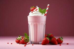 AI generated Creamy coolness Pink strawberry milkshake, a refreshing summer beverage delight photo